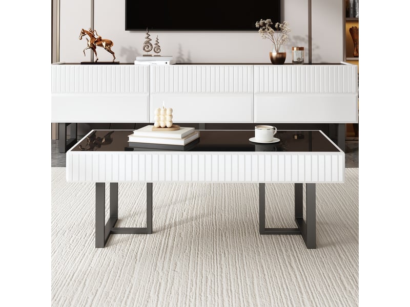  Ensemble 2 meubles de salon, meuble tv et table basse avec rangement, mdf et panneaux de particules noir et blanc  - Conforama C