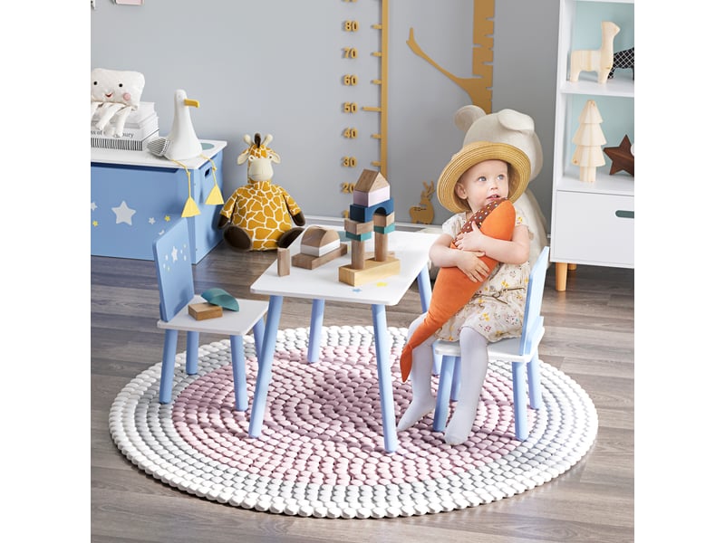  Table enfant avec chaise, ensemble table et 2 chaises en bois pour dessiner, jouer, étudier, bleu  - Conforama A