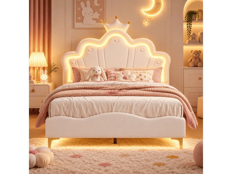 Lit double enfant 140x190 avec led, lit princesse fille avec tête de lits réglable et sommier à lattes, pu blanc - Conforama E