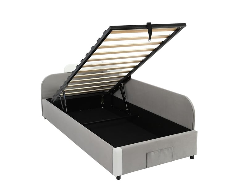 Lit hydraulique rangement 90x200 cm, barrière molle surélevée, pochette pied, velours et contreplaqué gris - Conforama W