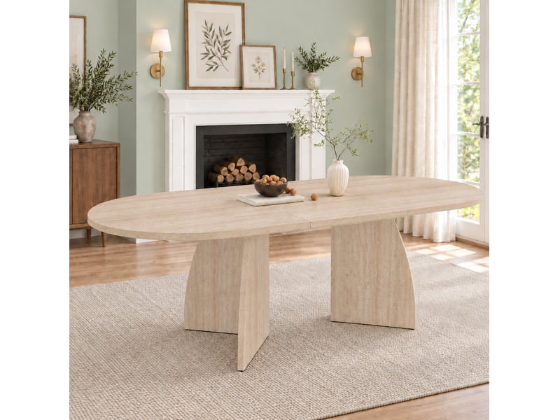  Table à manger extensible 150 à 200x90 cm angles arrondis en mdf travertinm, design moderne et simple  - Conforama E