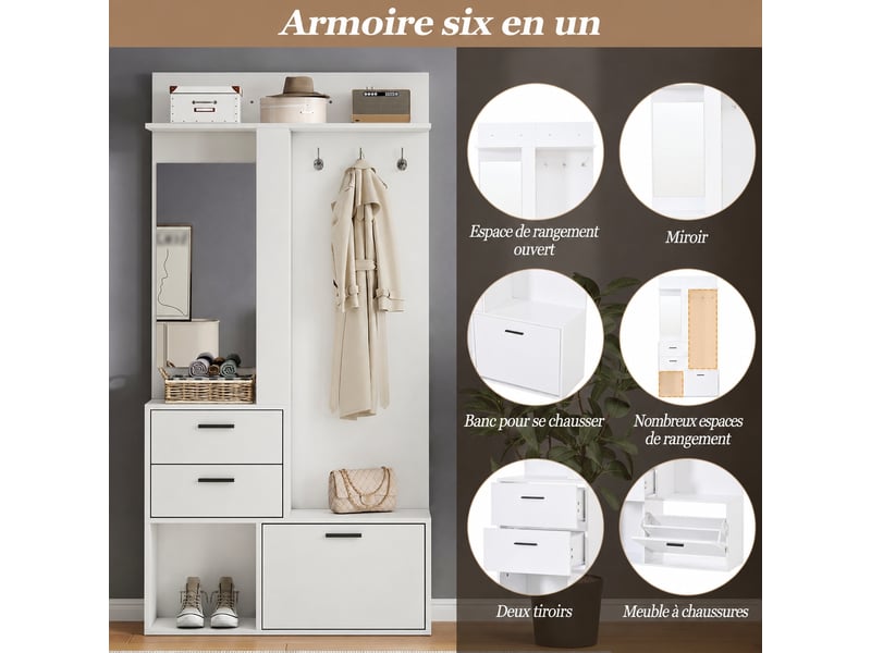  Meuble d’entrée avec miroir en pied, range-chaussures rabattable, 90 x 30 x 180 cm, blanc  - Conforama E