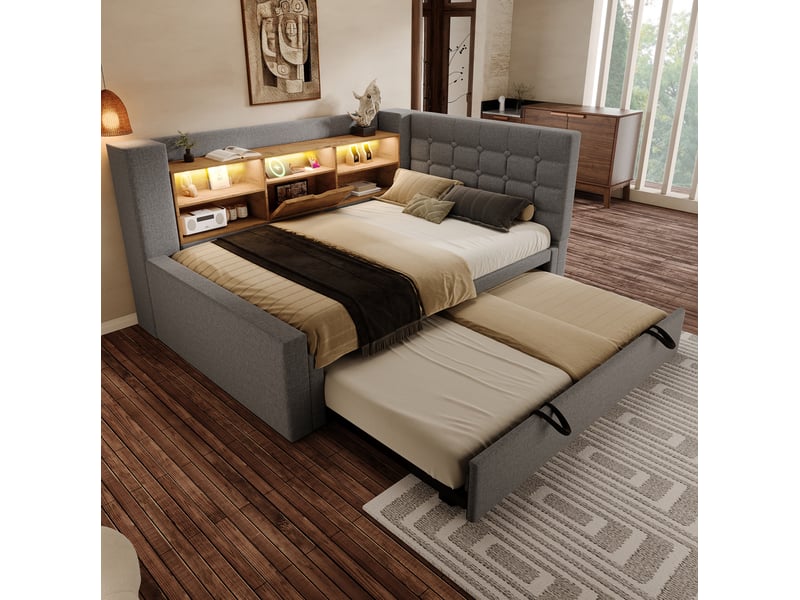  Modenvie lit gigogne 90x200 cm - led, ports usb et rangement tête de lit, sans matelas - gris  - Conforama B