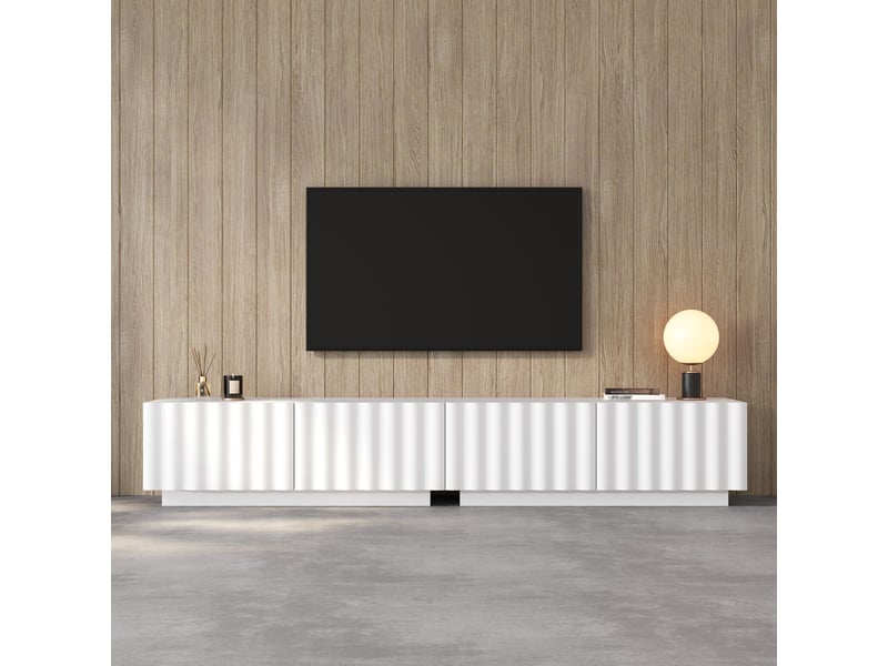 Meuble tv 200x40x35 cm, 1 tiroir, passe-câbles, push-to-open, façades texturées, grand rangement, mdf et pb pour salon - blanc - Conforama B