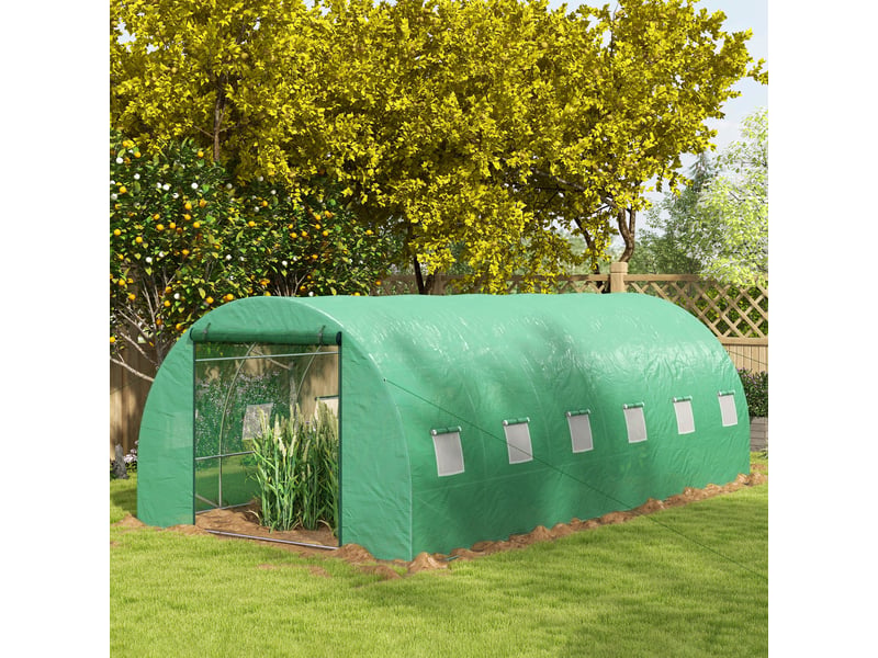  Serre tunnel 6x3x2 m avec système d'irrigation intégré, 12 fenêtres grillagées et 1 porte roulante verte  - Conforama D