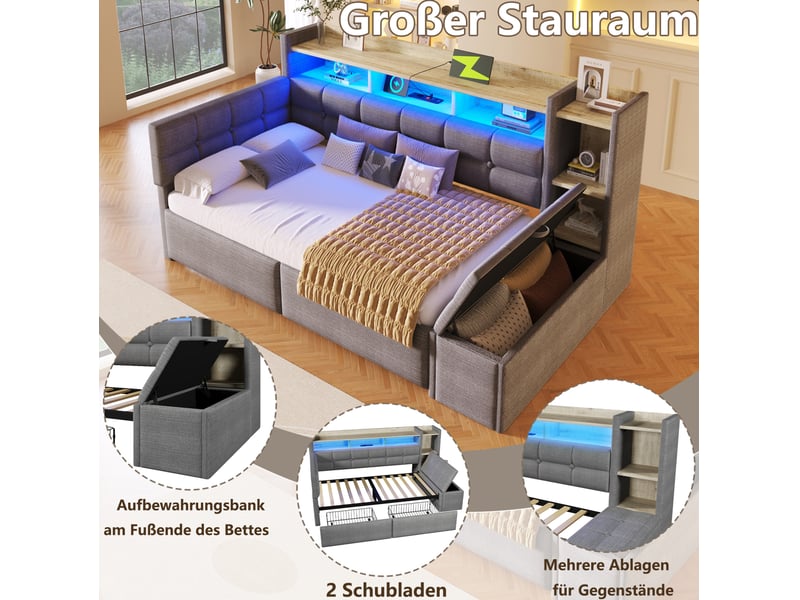  Lit simple 90x190 cm, 2 tiroirs, coffre, ports usb type-c et led, tissu en velours, couleur gris foncé, sans matelas  - Conforama E