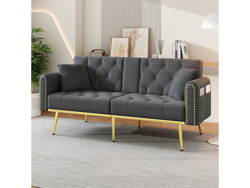  Canapé-lit 2 places 175x80x73,5 cm, accoudoirs et porte-gobelets, dossier réglable, finition velours gris  - Conforama E
