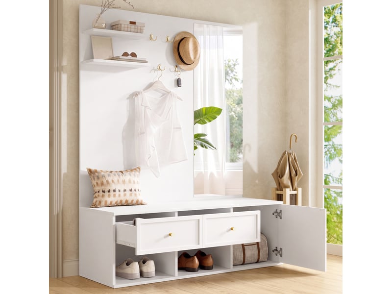 Meubles d'entrée avec miroir, 5 crochets, 2 tiroirs, placard, niches et banc bas pour hall blanc 120 × 35 × 159 cm  - Conforama D