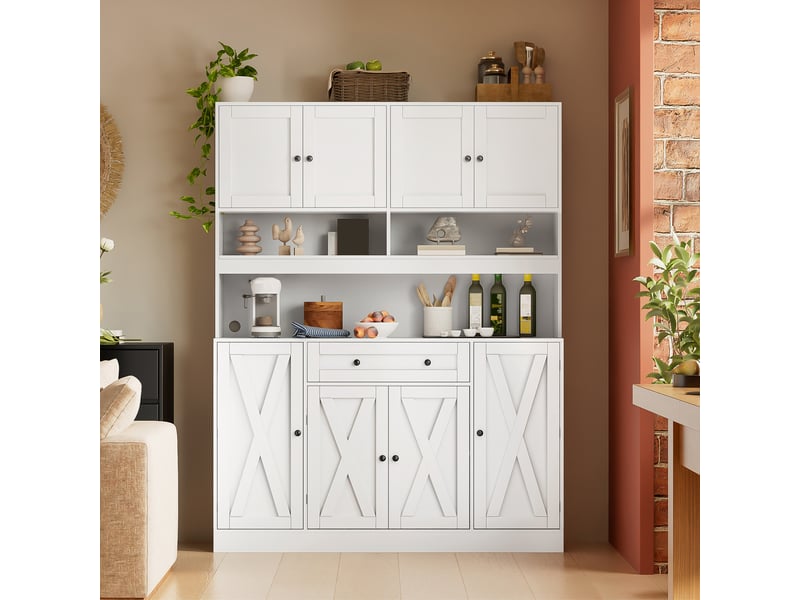  Buffet de cuisine avec 8 portes, plan de travail et prise électrique 140x40x185 cm blanc  - Conforama R