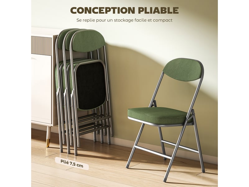  Lot de 4 chaises pliantes chaises de salle à manger portables avec assises et dossiers rembourrés en côtelé velours vert  - Conforama E