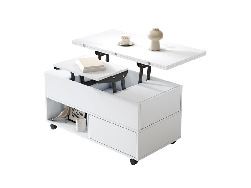  Table basse relevable blanche 100 x 50 x 52 cm avec roulettes, 4 tiroirs, rangement  - Conforama A