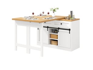 Îlot de cuisine 120-197x40x72 cm blanc et bois clair, 2 tiroirs