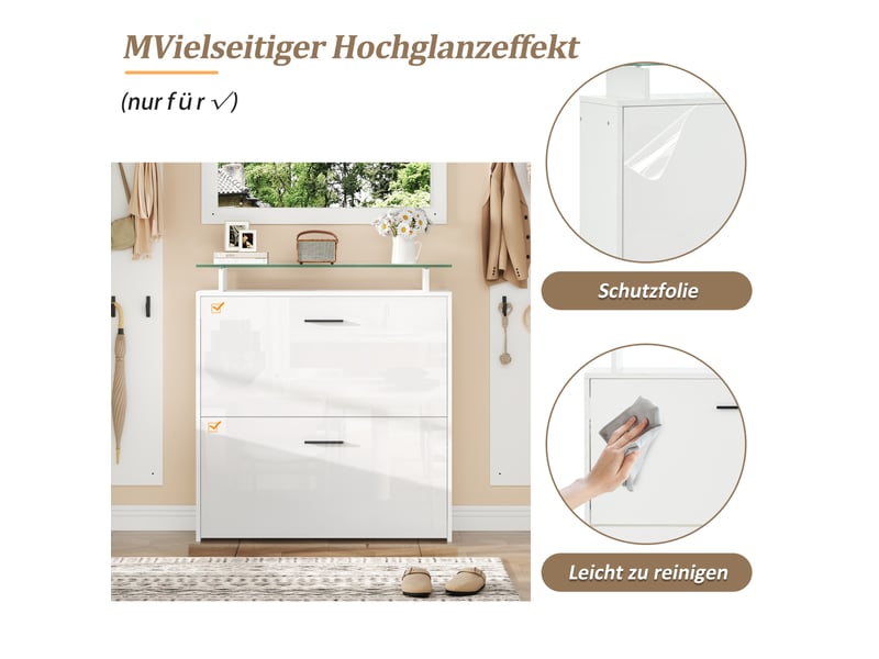  Meuble d'entrée avec miroir et 8 crochets, meuble à chaussures 4 niveaux pour couloir, blanc, 89,5 × 23 × 96,5 cm  - Conforama E