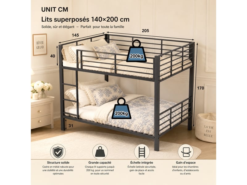  Lit superposé 140x200 cm en métal noir, très stable jusqu'à 400 kg, silencieux, pour adultes, colocation et location de vacances.  - Conforama D
