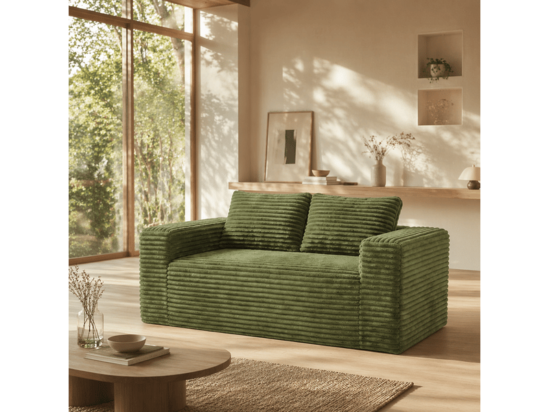 Canapé compact 2 places 160x88x58 cm, canapé de sol en mousse à assise profonde, pour appartement chambre bureau, velours côtelé, vert Sol Morn - Conforama B
