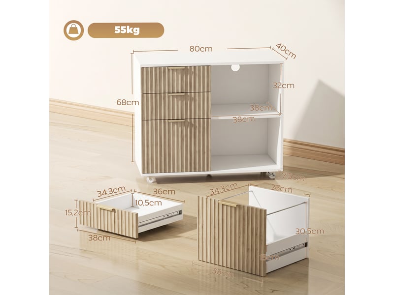  Support d'imprimante sur roulettes, 3 tiroirs, 2 étagères ouvertes, 80x40x68cm, design ondulé, blanc chêne  - Conforama C