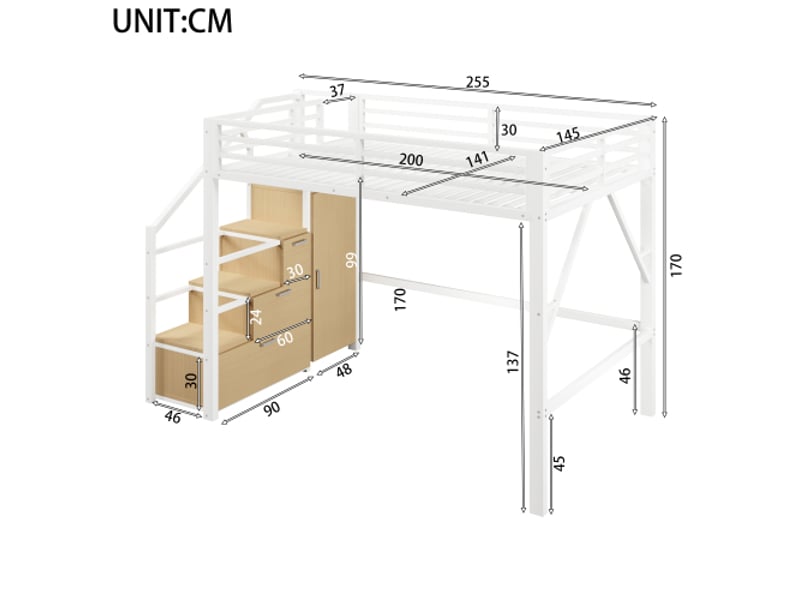  Lit mezzanine métallique 140x200 cm – rangements, armoire et éclairage led blanc  - Conforama C