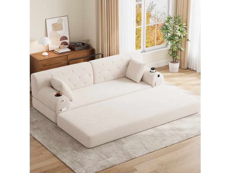  Canapé convertible compressé 3 places en velours côtelé beige avec porte-gobelets et poches  - Conforama B