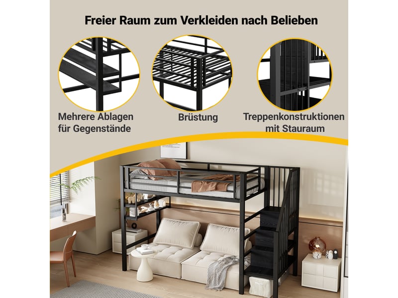  Lit mezzanine enfant 90x200 cm, espace de rangement, étagères,  garde-corps, sommier, métal noir, sans matelas  - Conforama D
