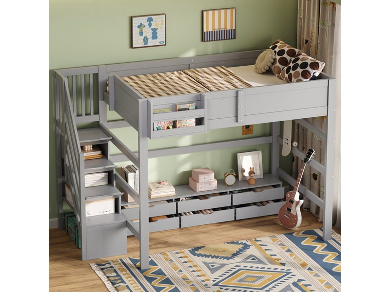 Lit mezzanine 140x200cm avec 6 tiroirs, grand espace de rangement sous le lit et escalier avec rangements intégrés, gris  - Conforama D