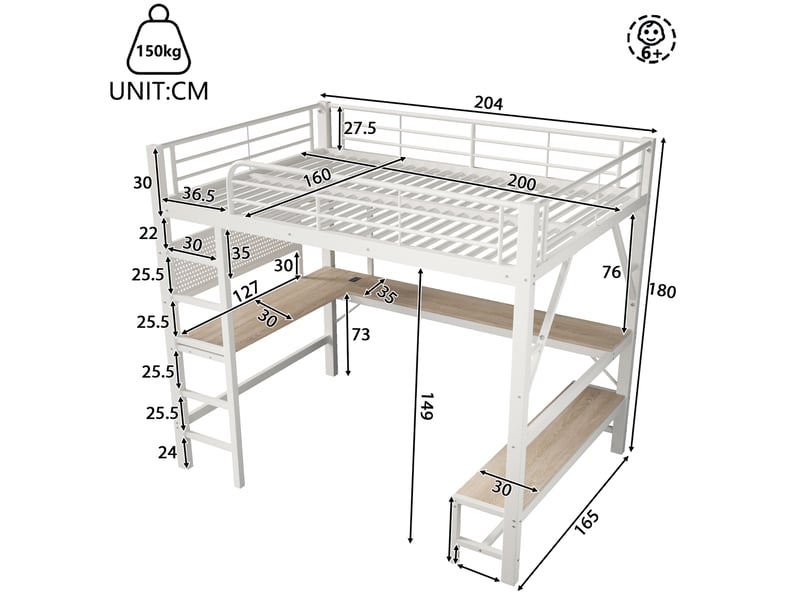 Lit mezzanine 160 x 200 cm – avec bureau - barrières de sécurité et échelle – avec ports usb et type-c – avec éclairage led – blanc(matelas non inclus) - Conforama C