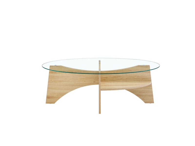  Table basse ovale en verre de sécurité, 104,9 × 60 cm, structure bois clair, étagère intégrée  - Conforama A