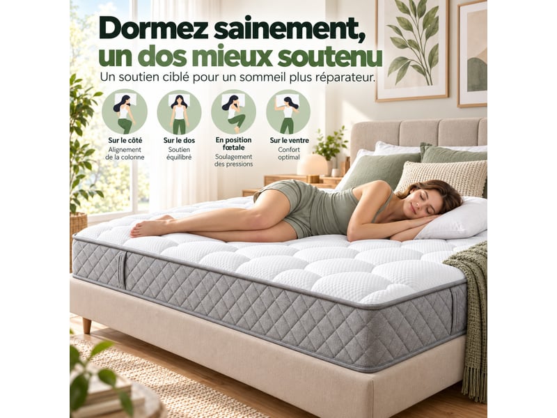  Matelas 120 x 200 cm, ressorts ensachés + mousse, 7 zones, soutien ferme h3, épaisseur 20 cm, certifié oeko-tex, blanc  - Conforama B