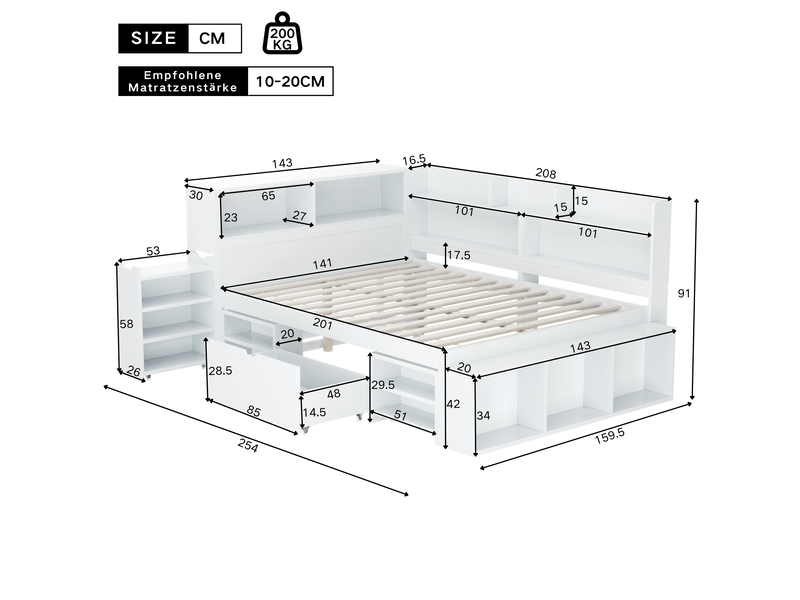  Lit enfant 140x200 cm avec rangements - sommier à lattes inclus, tiroirs et bibliothèque, blanc  - Conforama C
