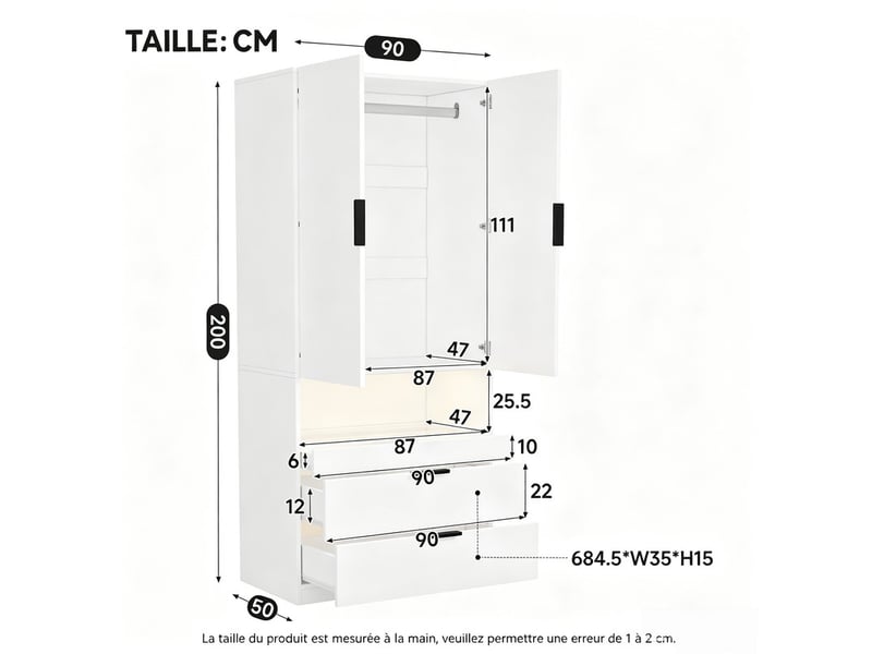  Armoire lumineuse avec tiroir à bijoux, 90 x 50 x 200 cm, portes battantes, 1 tringle, tablette en verre et 3 tiroirs, blanc  - Conforama C
