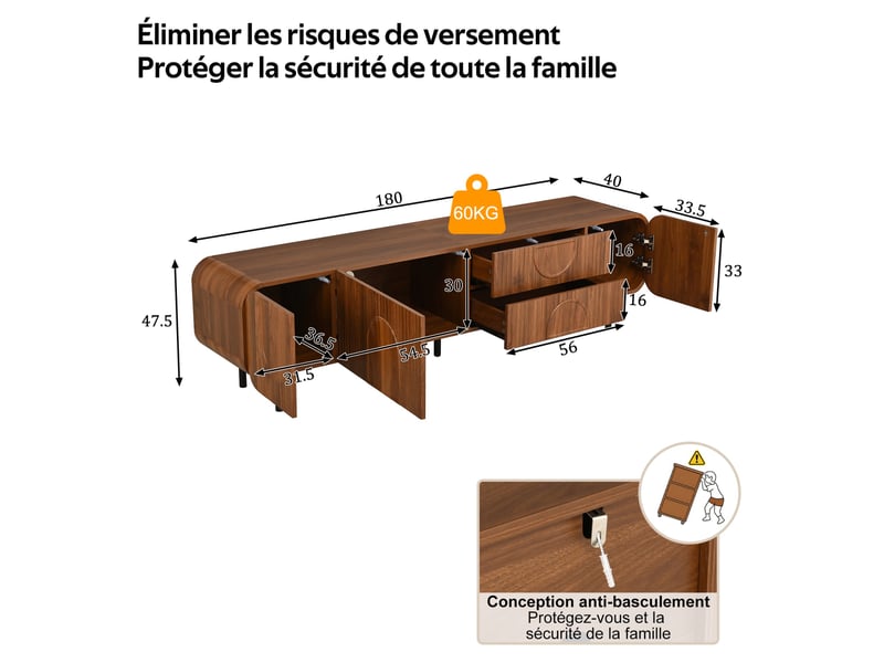 Meuble tv 180 x 40 x 47,5 cm – design géométrique mid-century – 3 portes & 2 tiroirs –convient pour le salo - noyer - Conforama C