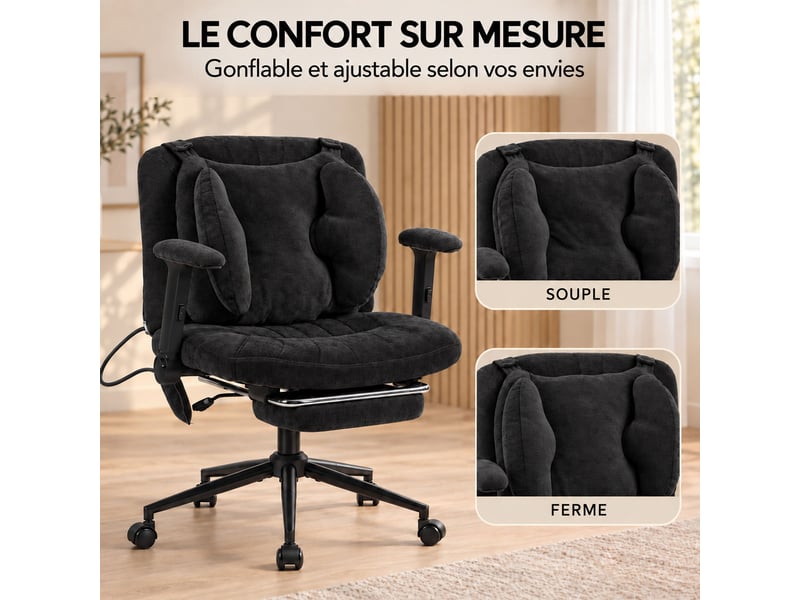  Fauteuil de bureau ergonomique en tissu respirant, coussin lombaire gonflable réglable, assise large pour s’asseoir, noir  - Conforama E