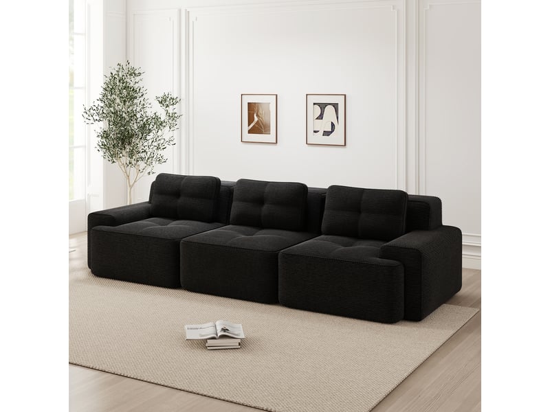 Canapé modulable 3 places sans structure,293x104x69cm,canapé à compression en velours côtelé,assise profonde et rembourrage haute densité 32d -noir - Conforama B