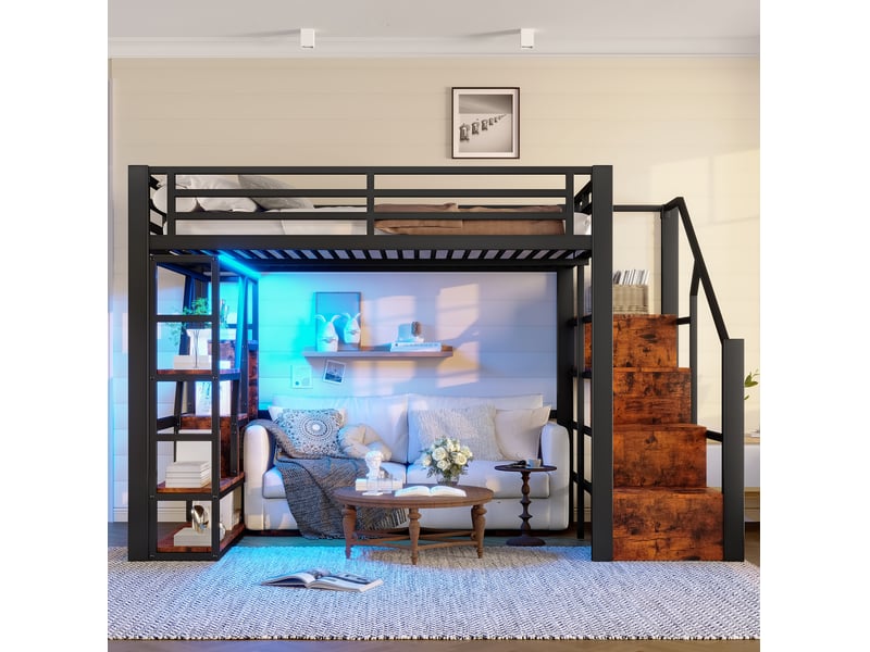  Lit mezzanine enfant 140x200 cm avec led, rangements et escalier noir  - Conforama D