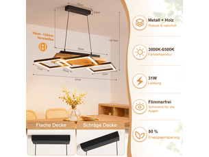 Nettlife suspension lampe salle à manger en bois moderne dimmable e27, luminaire suspendu pour cuisine