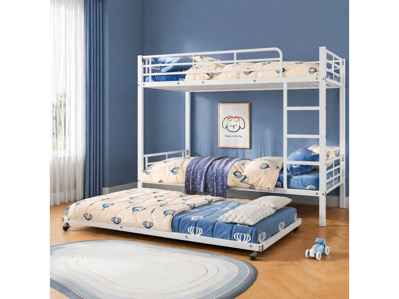 Lit superposé enfant 3 places 90×200 cm et lit gigogne 90×190 cm, échelle et barrières - sans matelas, métal - blanc - Conforama C