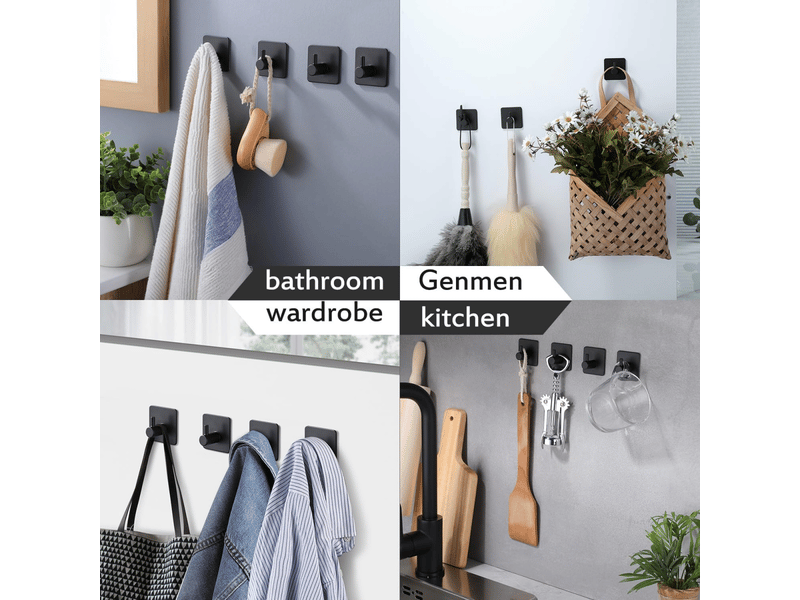  Crochets muraux adhésifs - lot de 6, porte-serviettes de salle de bain, crochet de cuisine, porte-manteau, noir  - Conforama E