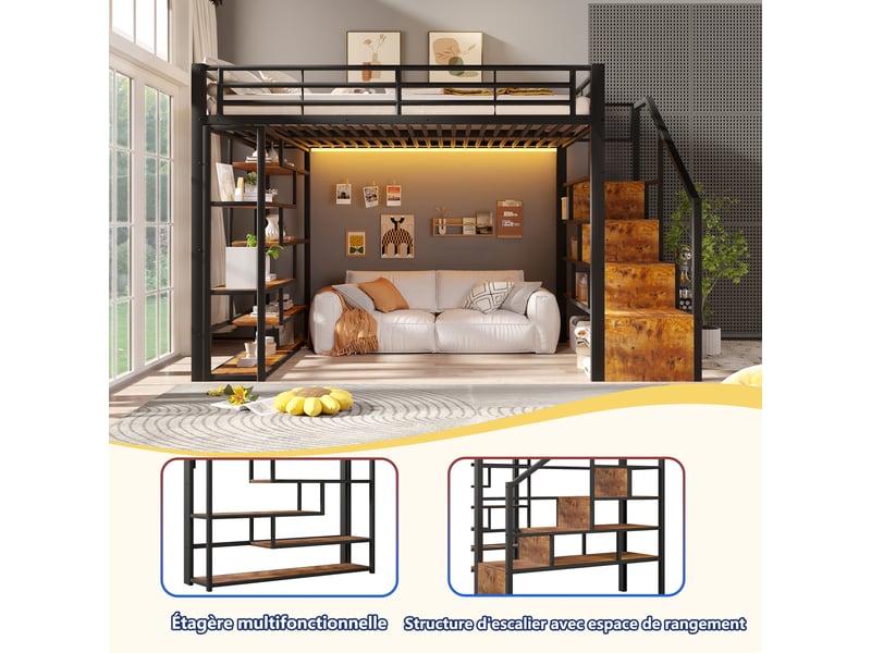  Lit mezzanine 140x200 cm en métal et mdf noir avec led via application, échelle et barrière de sécurité, escalier avec rangements.  - Conforama D