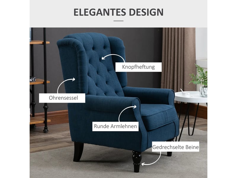  Fauteuil capitonné à dossier haut  - assise rembourrée, pieds en bois, polyester bleu 74 × 86 × 102 cm  - Conforama E