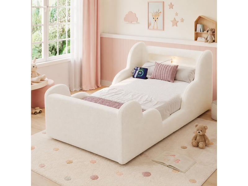  Lit enfant 90x200 cm avec barrières rembourrées, veilleuse et ports usb, bouclé beige  - Conforama D