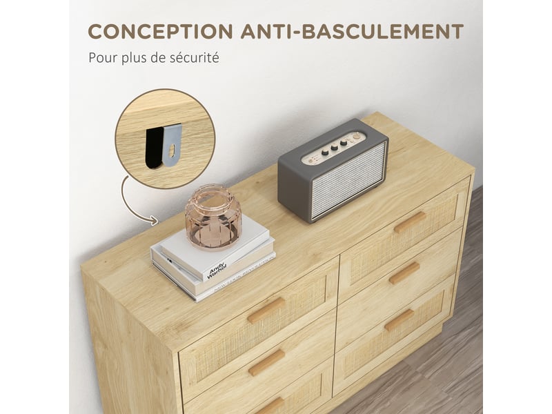  Commode design bohème en rotin avec 6 tiroirs, meuble de rangement pour le salon, le couloir, chêne, l'entrée  - Conforama R