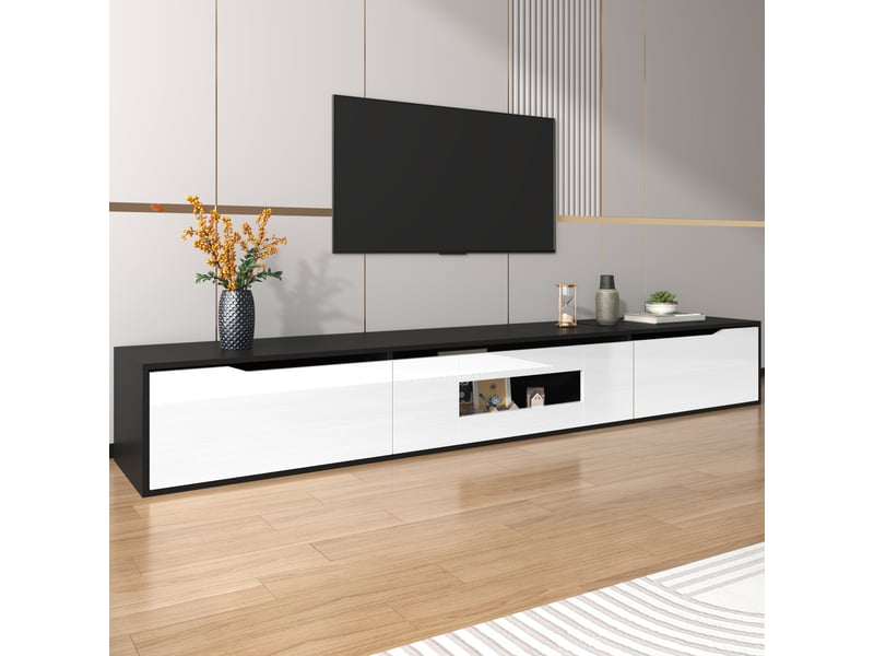 Meuble tv 180 cm, avec éclairage led, rangements fermés et niche centrale, en mdf au style moderne, noir et blanc brillant, pour salon et séjour Luxe haut de gamme - Conforama W