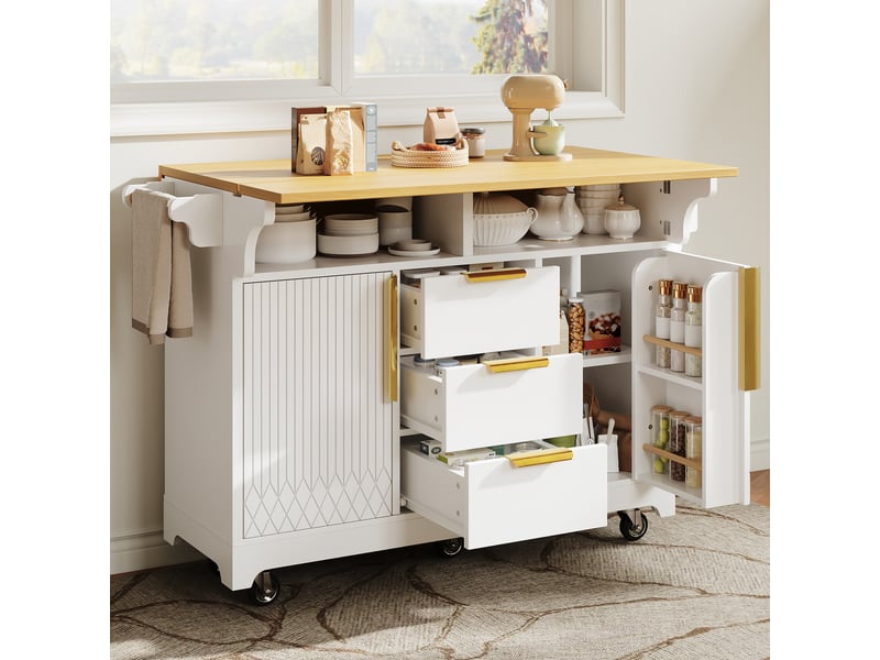  Îlot central de cuisine 120 x 4080 x 95 cm avec plateau extensible, 3 tiroirs et 2 portes, étagères et roulettes, blanc  - Conforama B