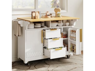 Îlot central de cuisine 120 x 4080 x 95 cm avec plateau extensible, 3 tiroirs et 2 portes, étagères et roulettes, blanc