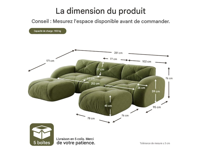  Canapé en u modulable 3 places avec 2 poufs en tissu chenille vert W3325S00357 - Conforama C
