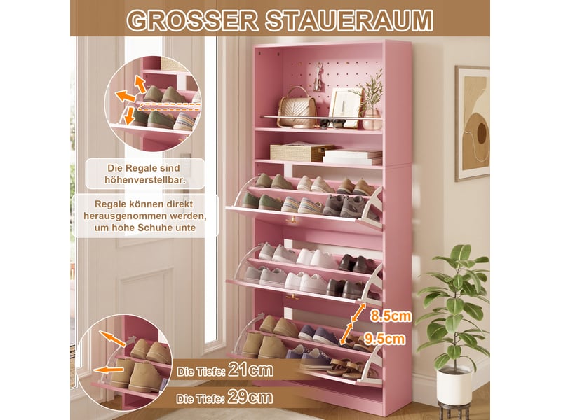  Meuble à chaussures 80x24x178,5 cm avec 3 abattants et 2 étagères, rose  - Conforama D