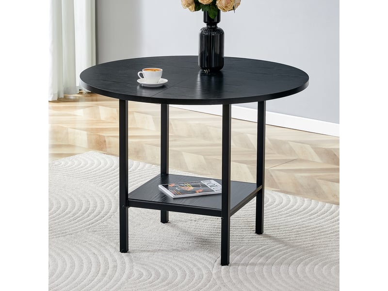  Table basse - table de salle à manger ronde moderne, finition bois noir et structure en métal noir avec étagère de rangement  - Conforama C