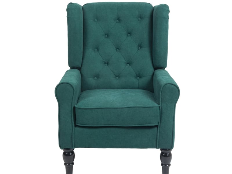  Fauteuil à oreilles capitonné en tissu polyester vert foncé, pieds en bois  - Conforama A