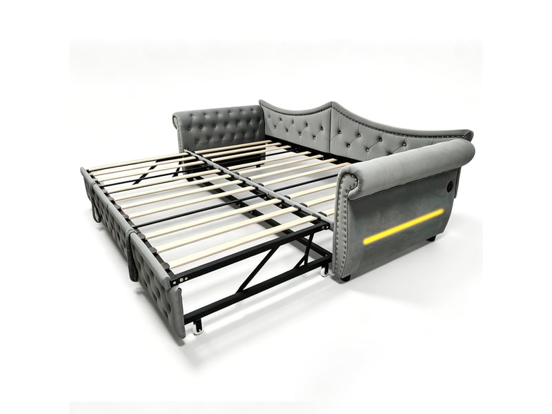 Canapé-lit 3 en 1 capitonné 90x200cm,lit gigogne extensible en 180cm,usb et éclairage led,finition cloutée,velours,sans matelas,gris - Conforama A