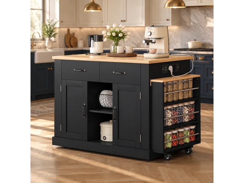  Îlot de cuisine mobile avec table extensible, rangements et prises, noir et effet bois  - Conforama D