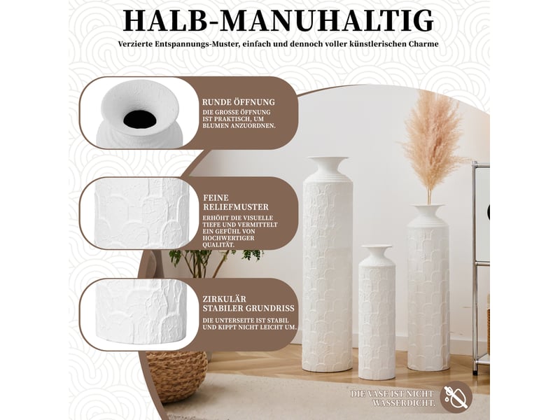  Lot de 3 vases de sol en métal 506585 cm – blanc mat – texture relief, décoration semi-artisanale  - Conforama E